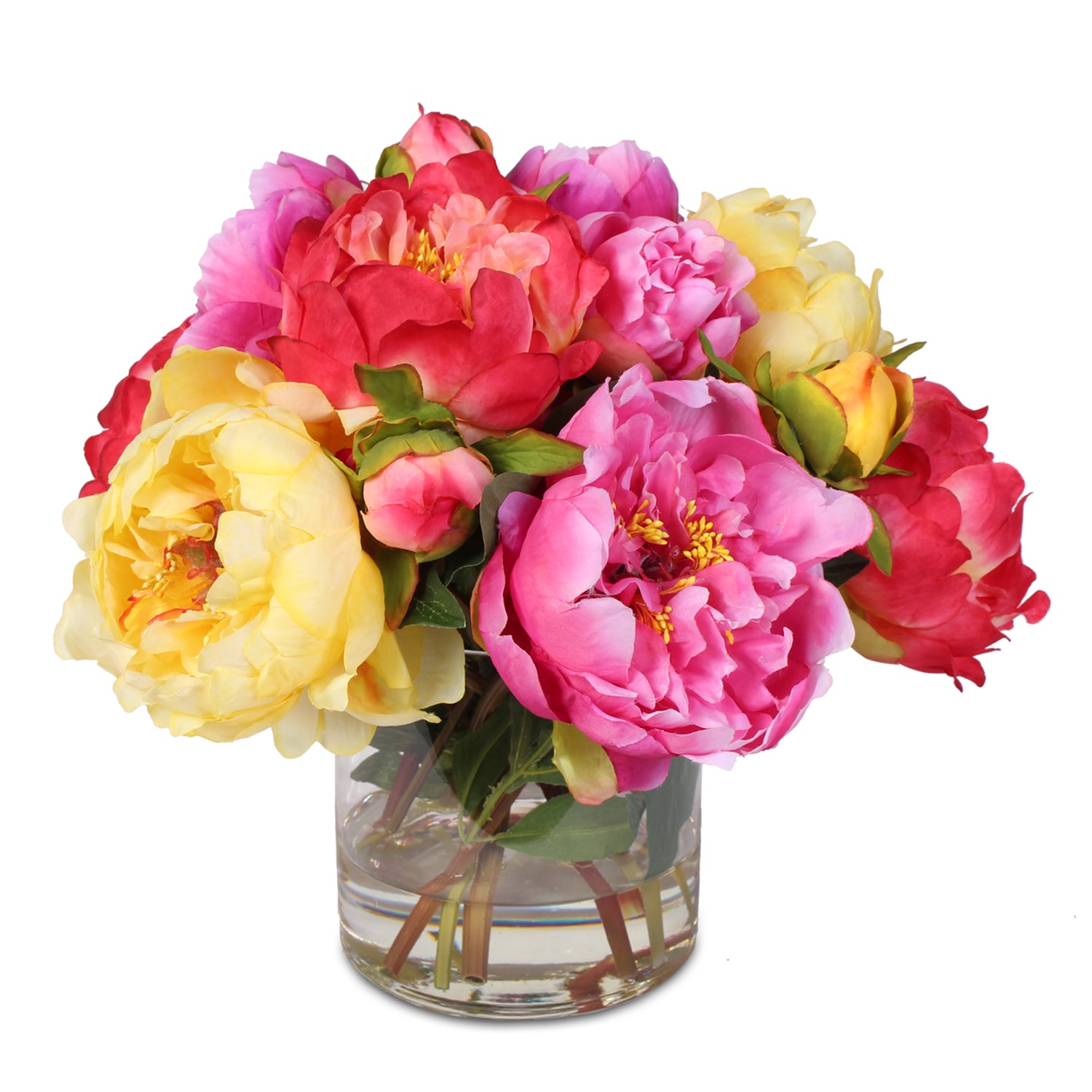 Silk French Peony Bouquet Arrangement in Glass Vase with Fake Water #46C