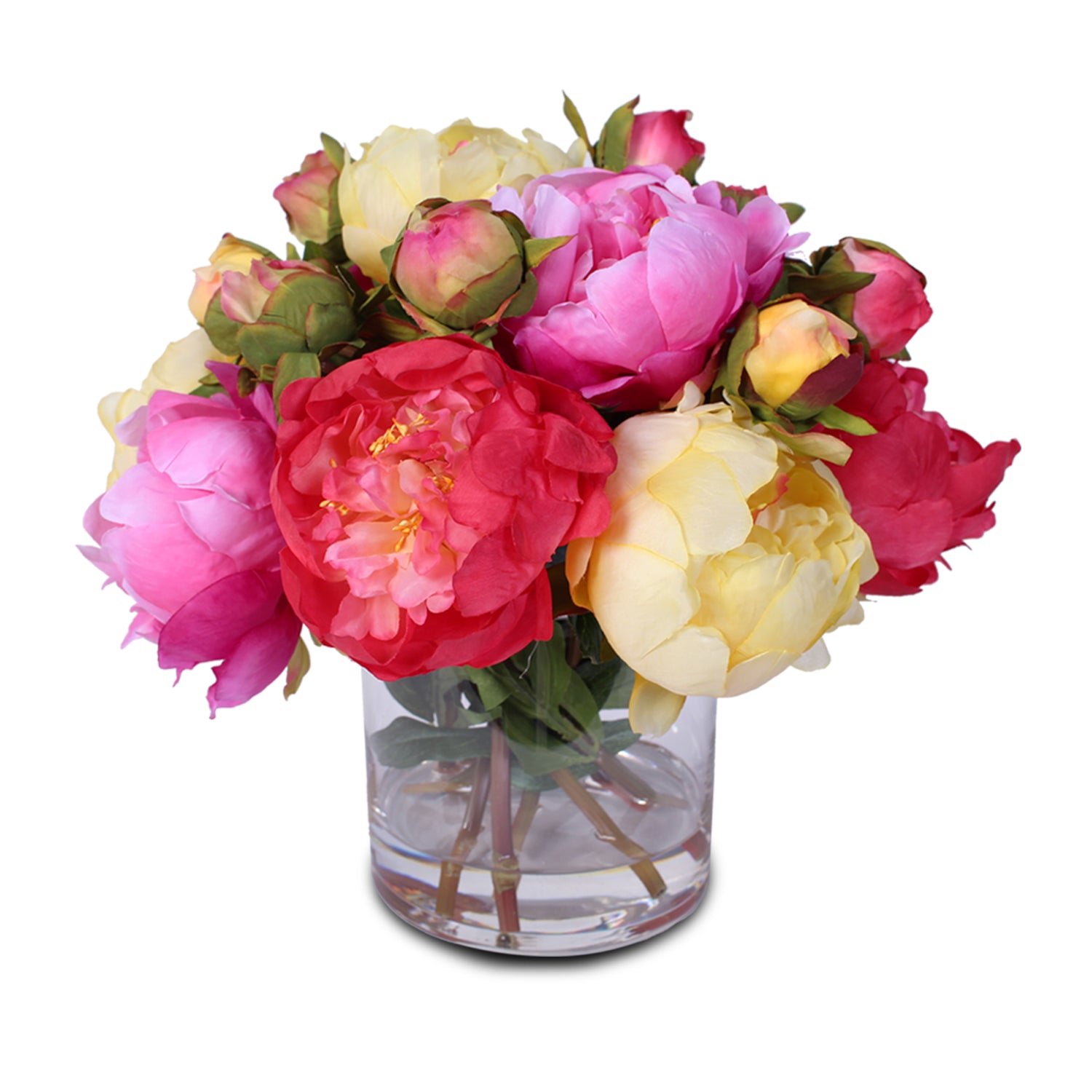 Silk French Peony Bouquet Arrangement in Glass Vase with Fake Water #46C