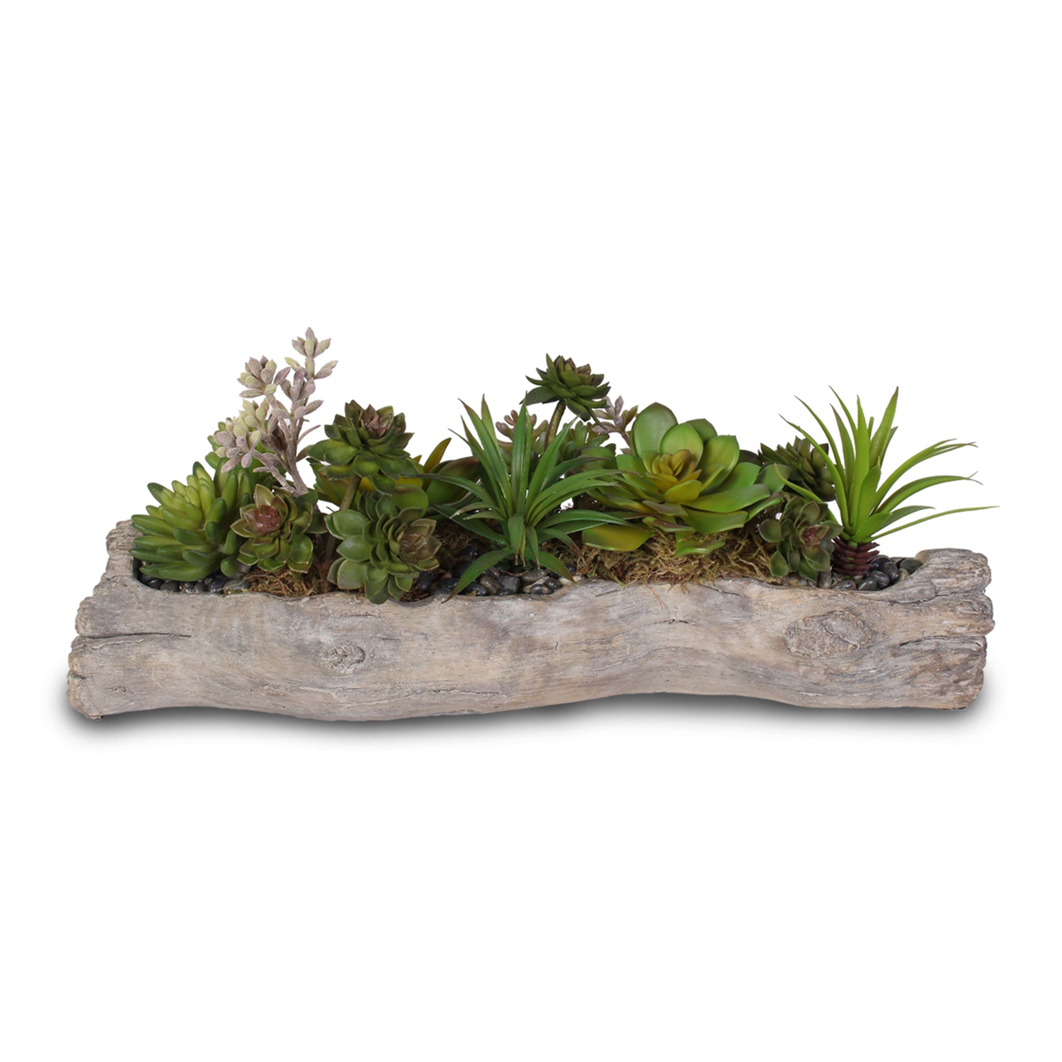 Artificial Succulents with Natural Rocks in a Concrete Log #71B