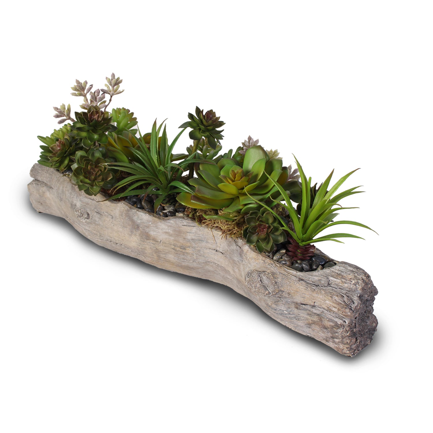 Artificial Succulents with Natural Rocks in a Concrete Log #71B