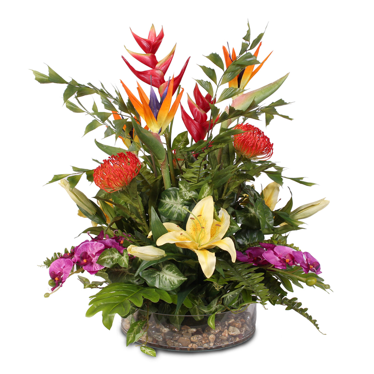 exotic design, tropical design, silk floral arrangement, silk flowers, fake flowers, home decor, office decor