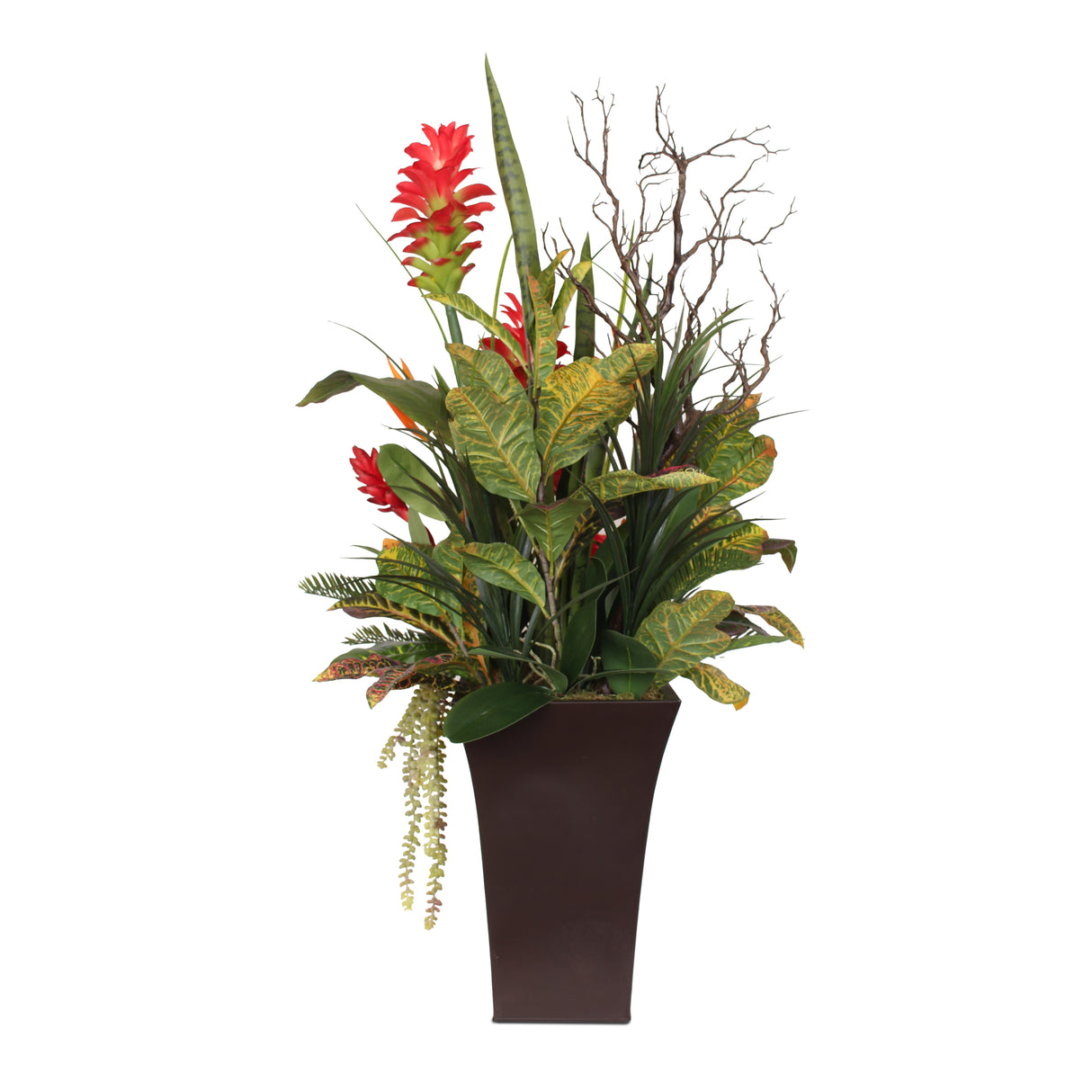 Luscious Tropical Silk Flowers and Greens in Brown Metal Pot #F-113