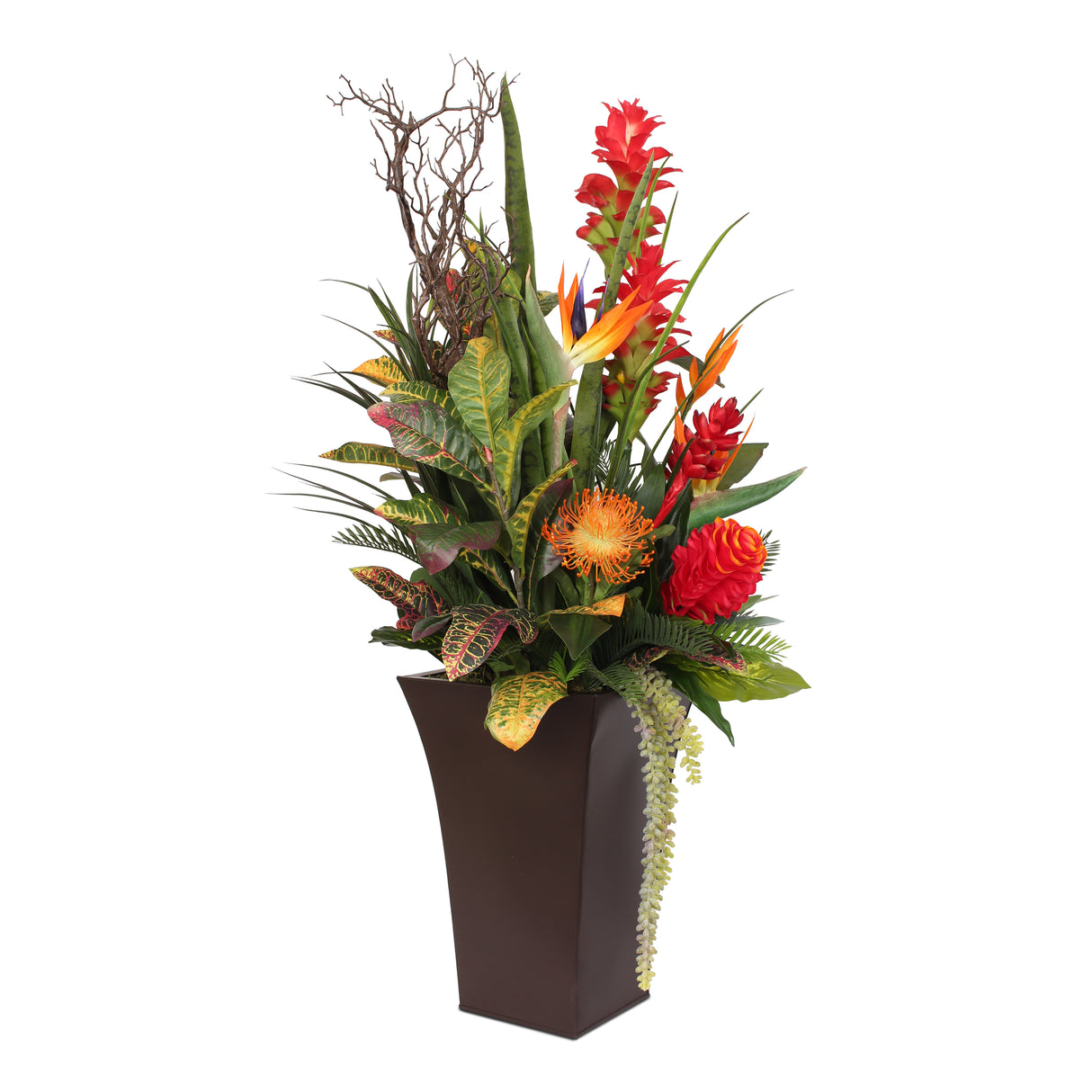 Luscious Tropical Silk Flowers and Greens in Brown Metal Pot #F-113