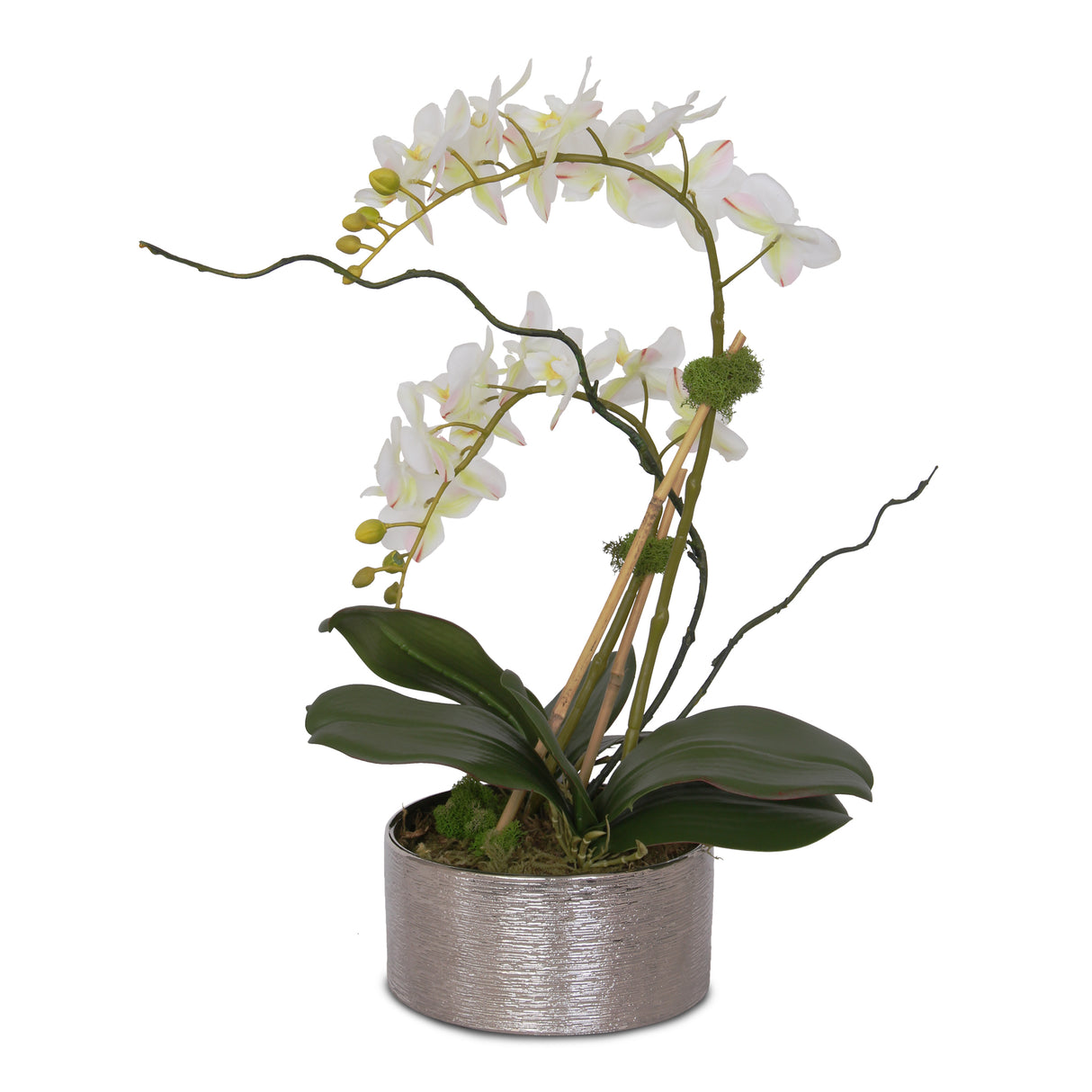 Real Touch White, Pink Accent Phalaenopsis Orchids Arrangement in Round Silver Ceramic Pot # F-126