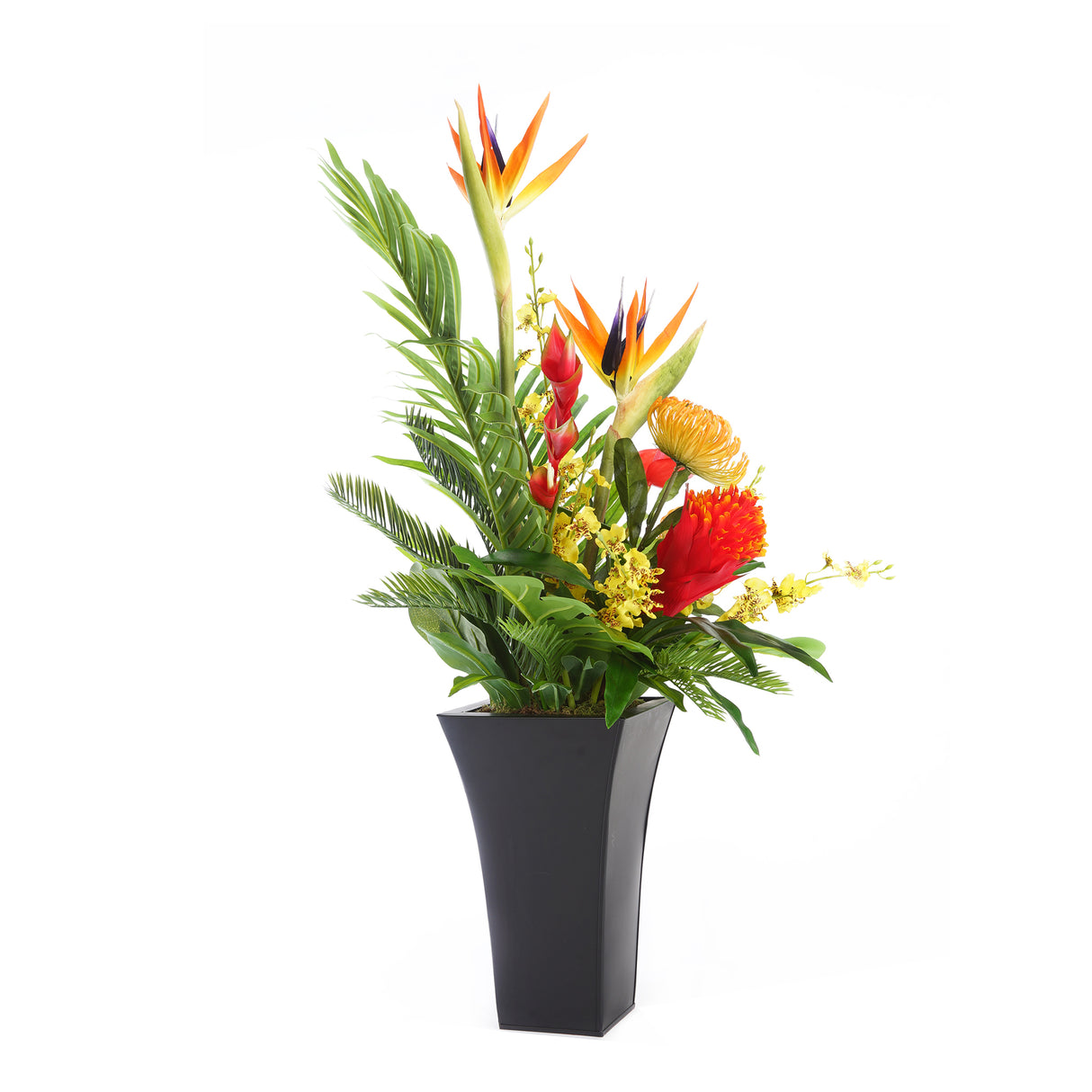 Assorted Tropical Flowers Arrangement in Black metal square flared planter#F-181