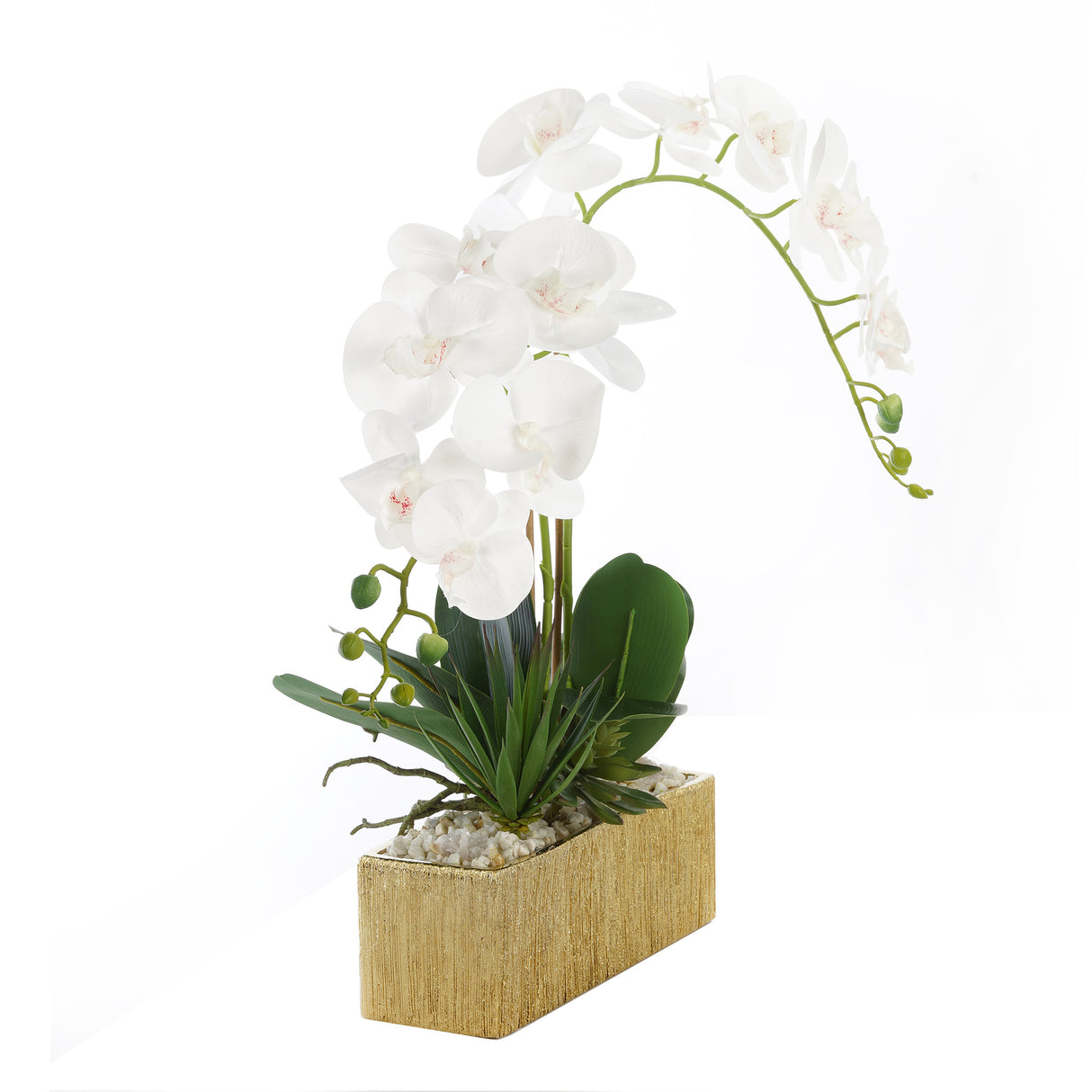 Real Touch White Orchids with Geodes/Succulents/White Pebbles Arrangement #F-182