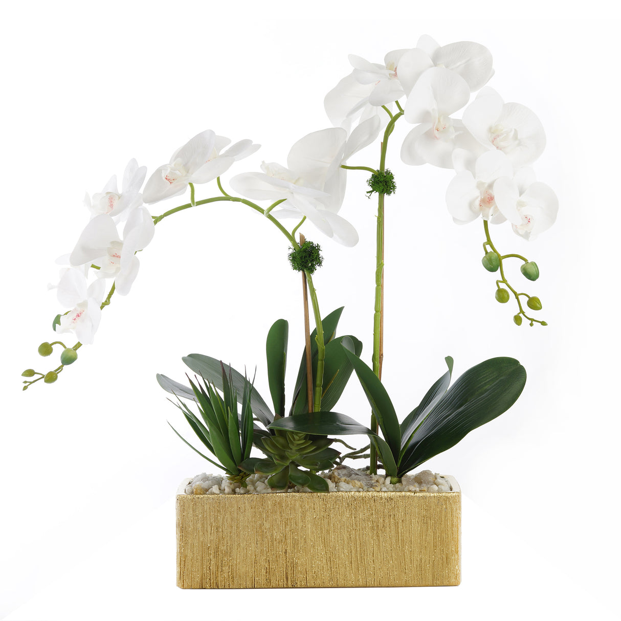 Real Touch White Orchids with Geodes/Succulents/White Pebbles Arrangement #F-182