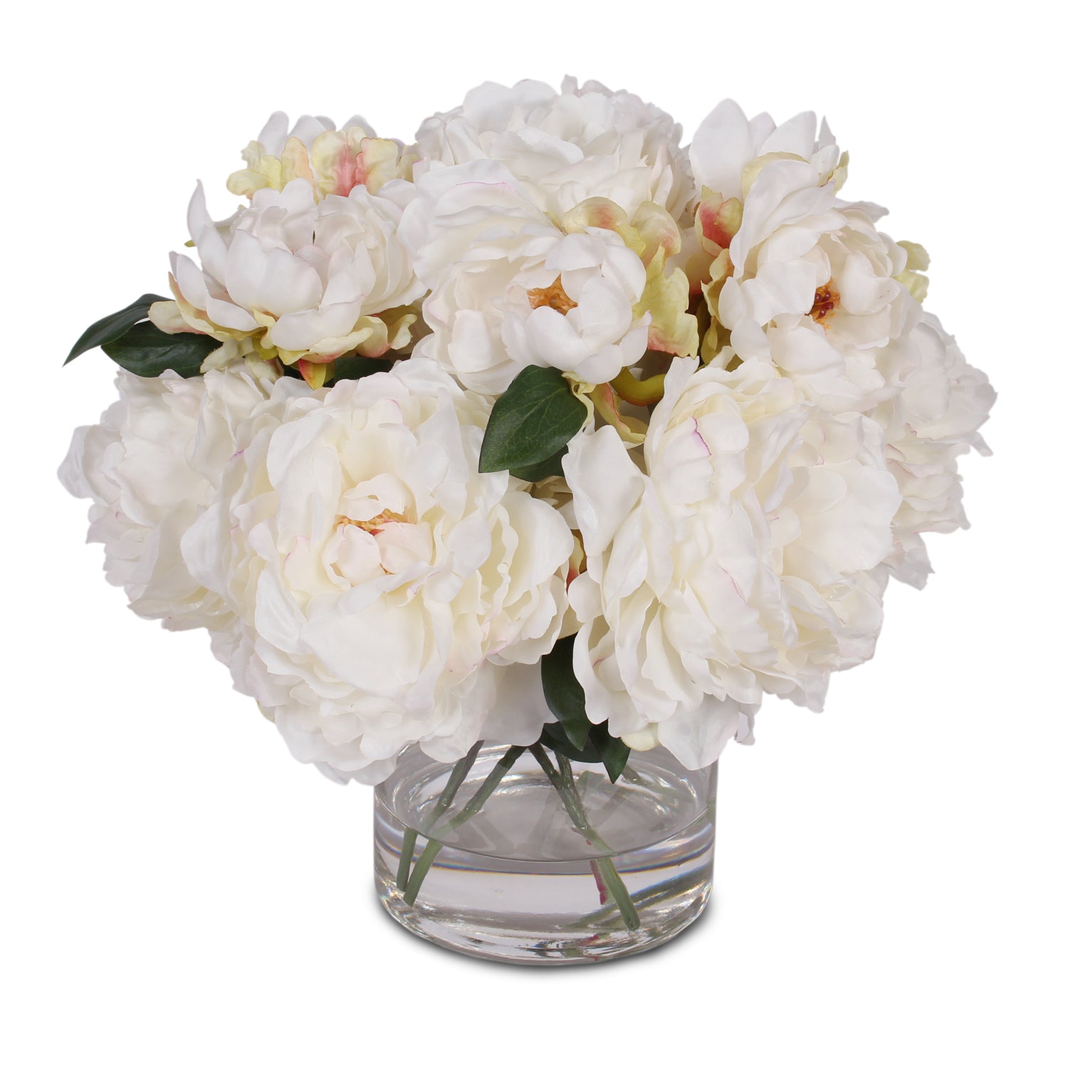 Cream White Silk Peony Arrangement with Faux Water in Glass Vase #F-42