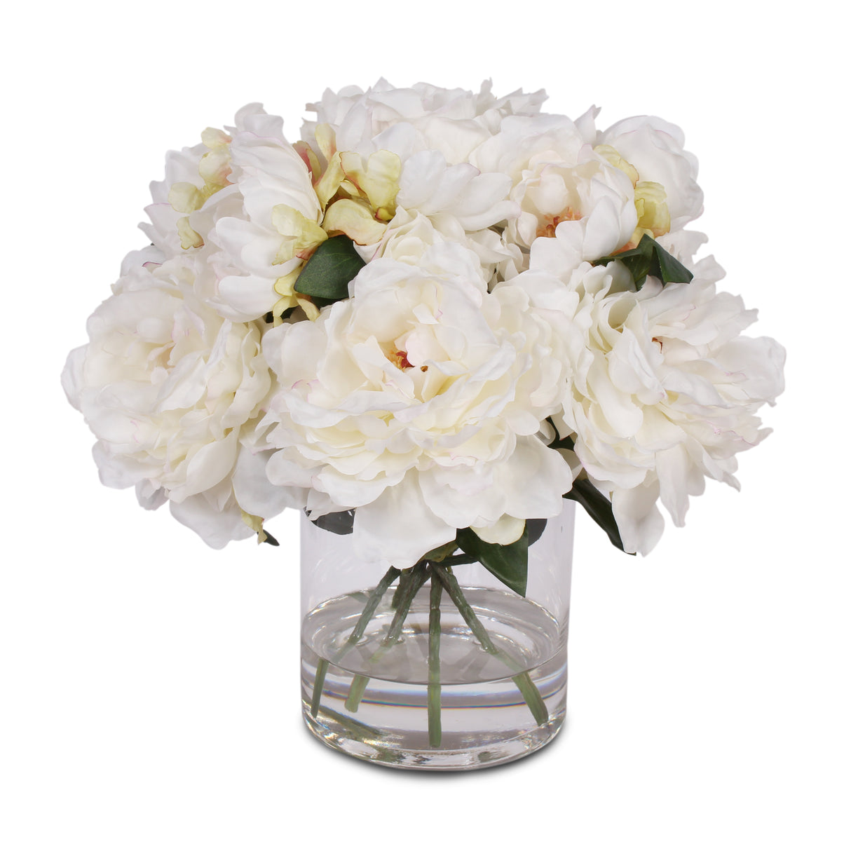 Cream White Silk Peony Arrangement with Faux Water in Glass Vase #F-42