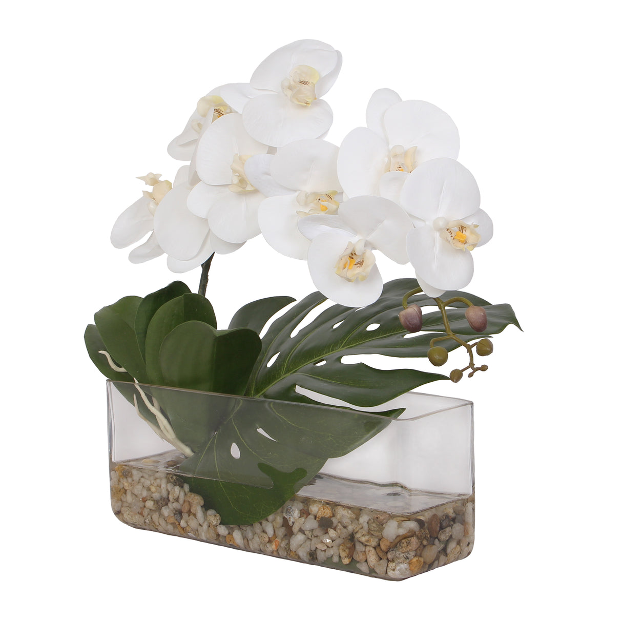Real Touch Orchid and Philo Leaf with Natural Pebbles Arrangement #F-93