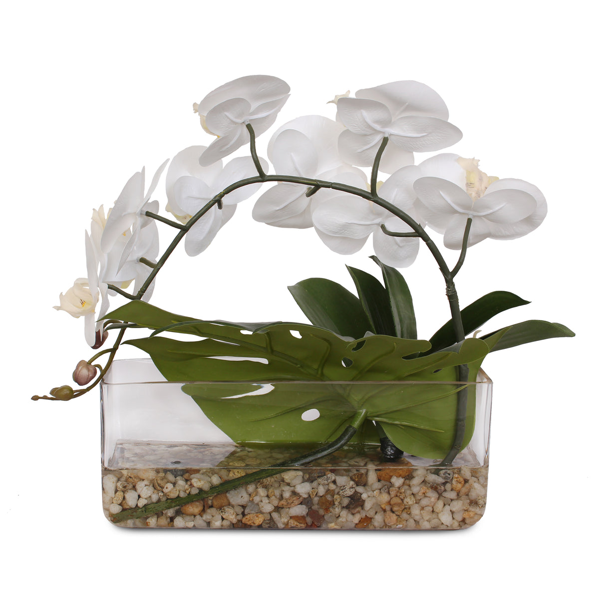 Real Touch Orchid and Philo Leaf with Natural Pebbles Arrangement #F-93