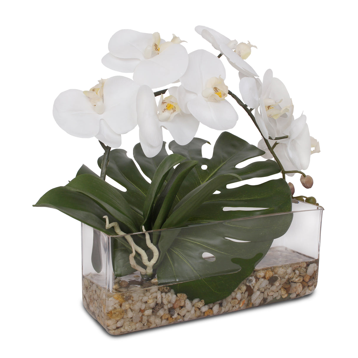 Real Touch Orchid and Philo Leaf with Natural Pebbles Arrangement #F-93
