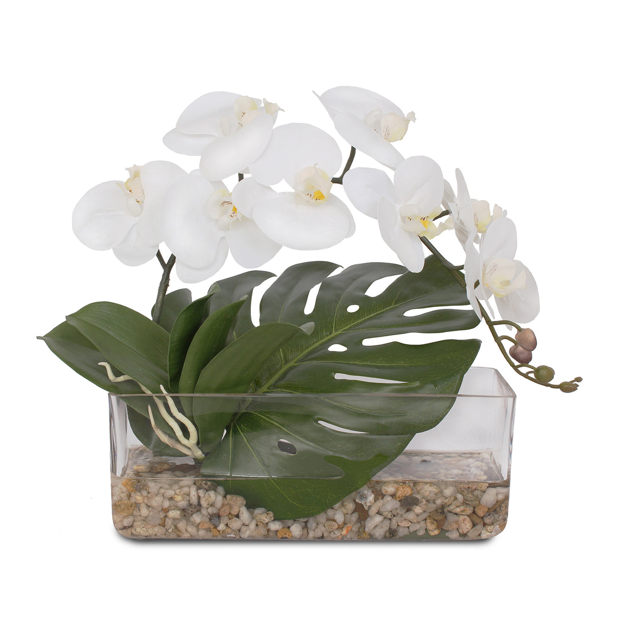 Real Touch Orchid and Philo Leaf with Natural Pebbles Arrangement #F-93