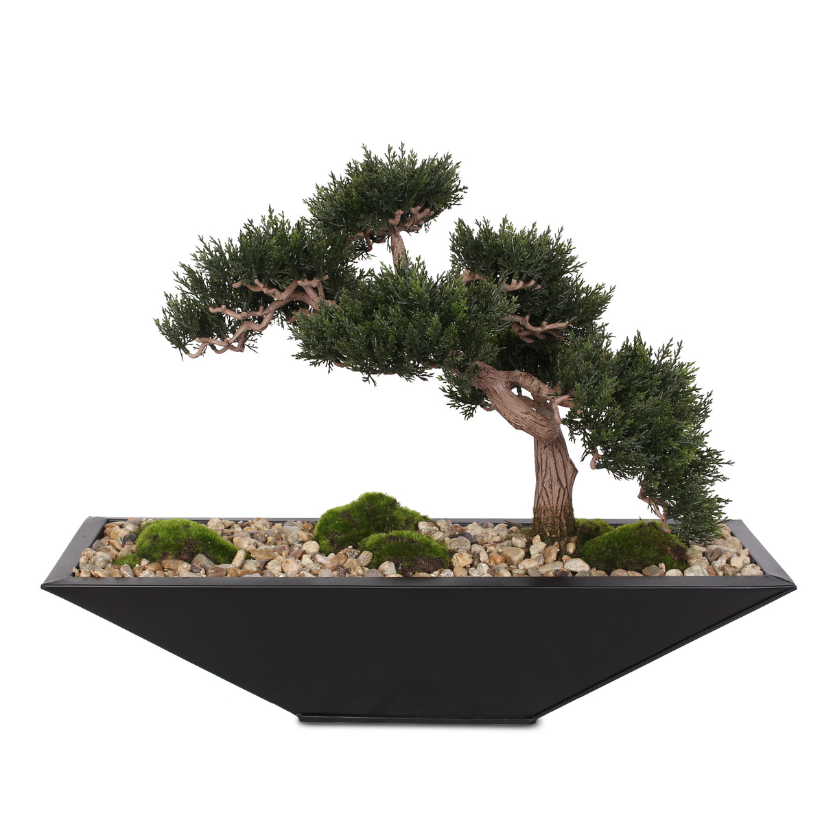 Modern Fake Medium Cedar Bonsai Zinc garden with Real Pebbles and Faux Moss Grass in Black Metal Zinc Pot #P-15