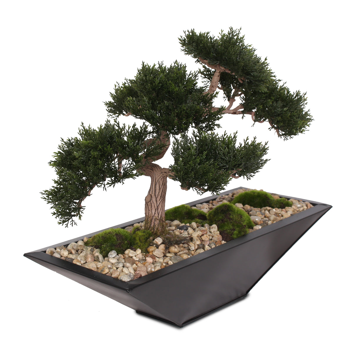 Modern Fake Medium Cedar Bonsai Zinc garden with Real Pebbles and Faux Moss Grass in Black Metal Zinc Pot #P-15