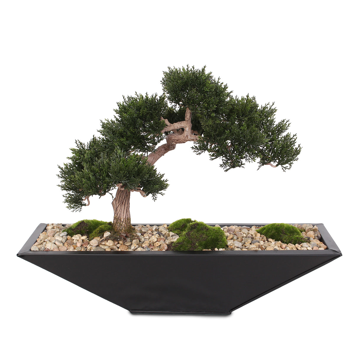 Modern Fake Medium Cedar Bonsai Zinc garden with Real Pebbles and Faux Moss Grass in Black Metal Zinc Pot #P-15