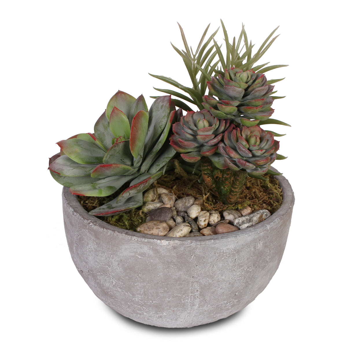 Artificial Succulents with Natural Pebbles in Cement Bowl #S-17
