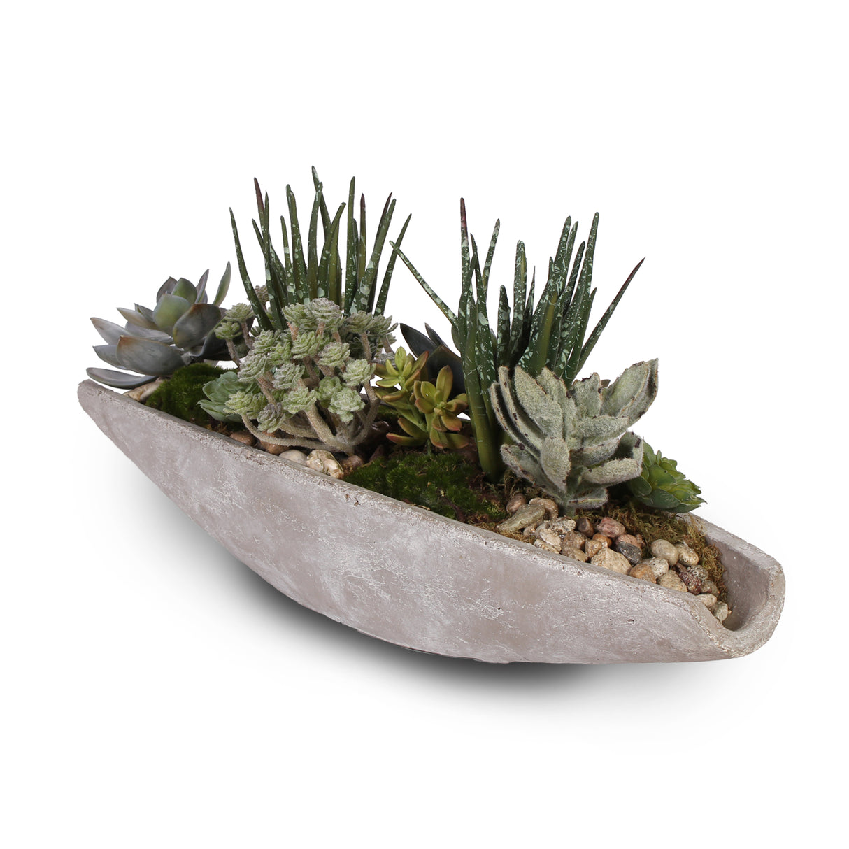 Artificial Succulents Arrangement with Natural Pebbles in Stone Boat #S-18