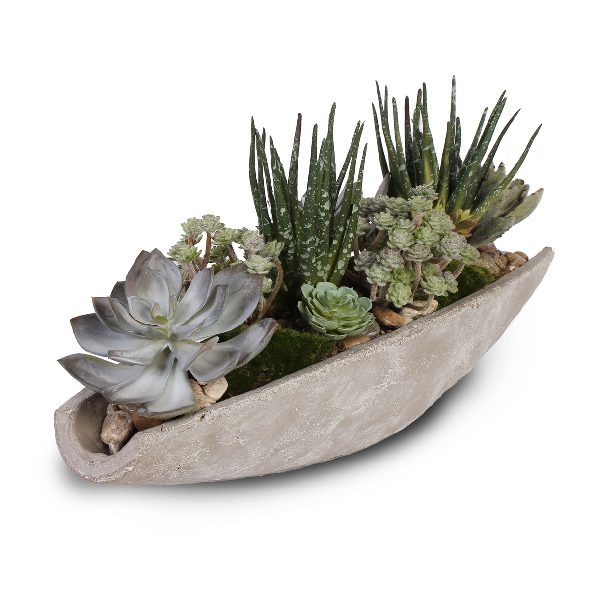 Artificial Succulents Arrangement with Natural Pebbles in Stone Boat #S-18