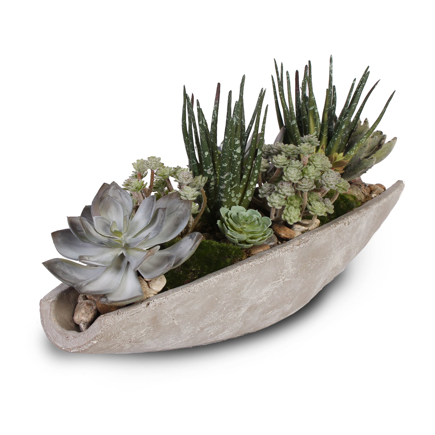 Artificial Succulents Arrangement with Natural Pebbles in Stone Boat #S-18