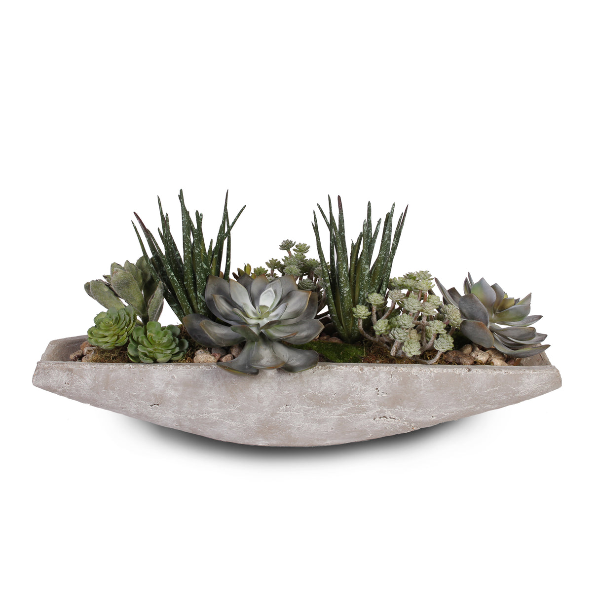 Artificial Succulents Arrangement with Natural Pebbles in Stone Boat #S-18