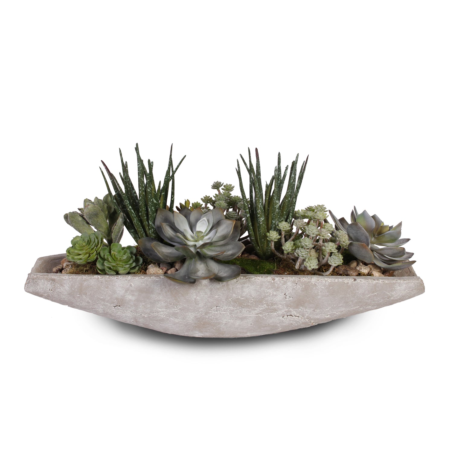 Artificial Succulents Arrangement with Natural Pebbles in Stone Boat #S-18