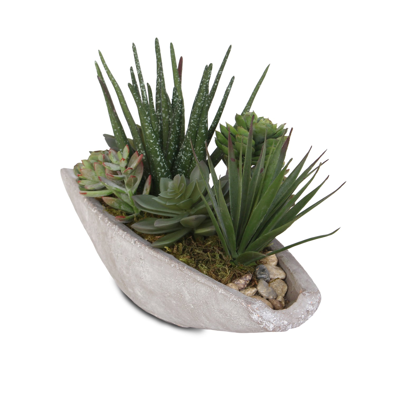 Jenny Silks Artificial Succulents Arrangement in Boat Shape Stone Wash Cement Pot #S-34