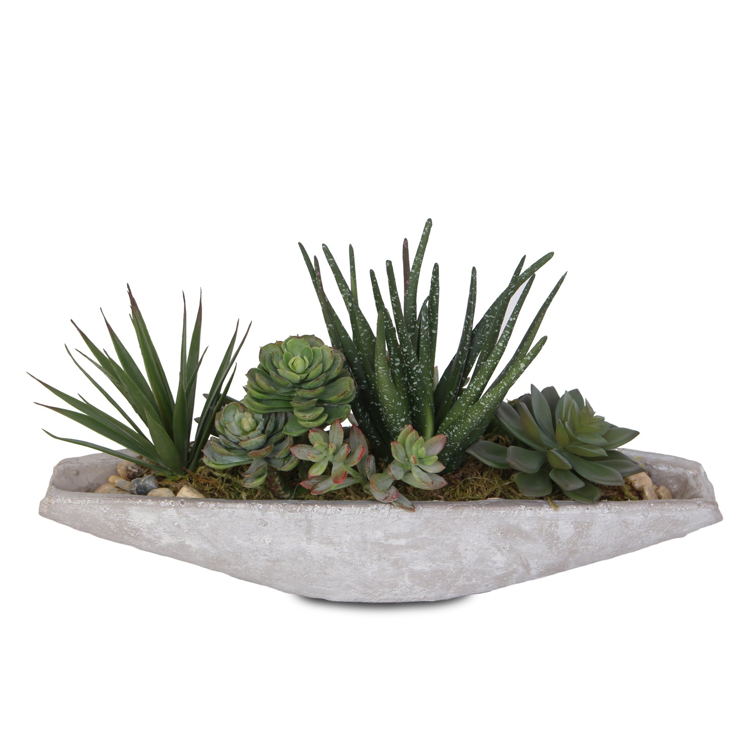 Jenny Silks Artificial Succulents Arrangement in Boat Shape Stone Wash Cement Pot #S-34