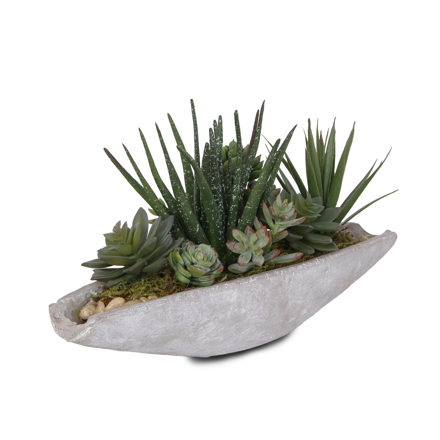 Jenny Silks Artificial Succulents Arrangement in Boat Shape Stone Wash Cement Pot #S-34