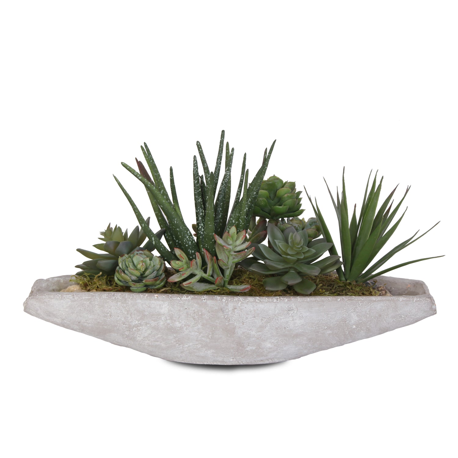 Jenny Silks Artificial Succulents Arrangement in Boat Shape Stone Wash Cement Pot #S-34