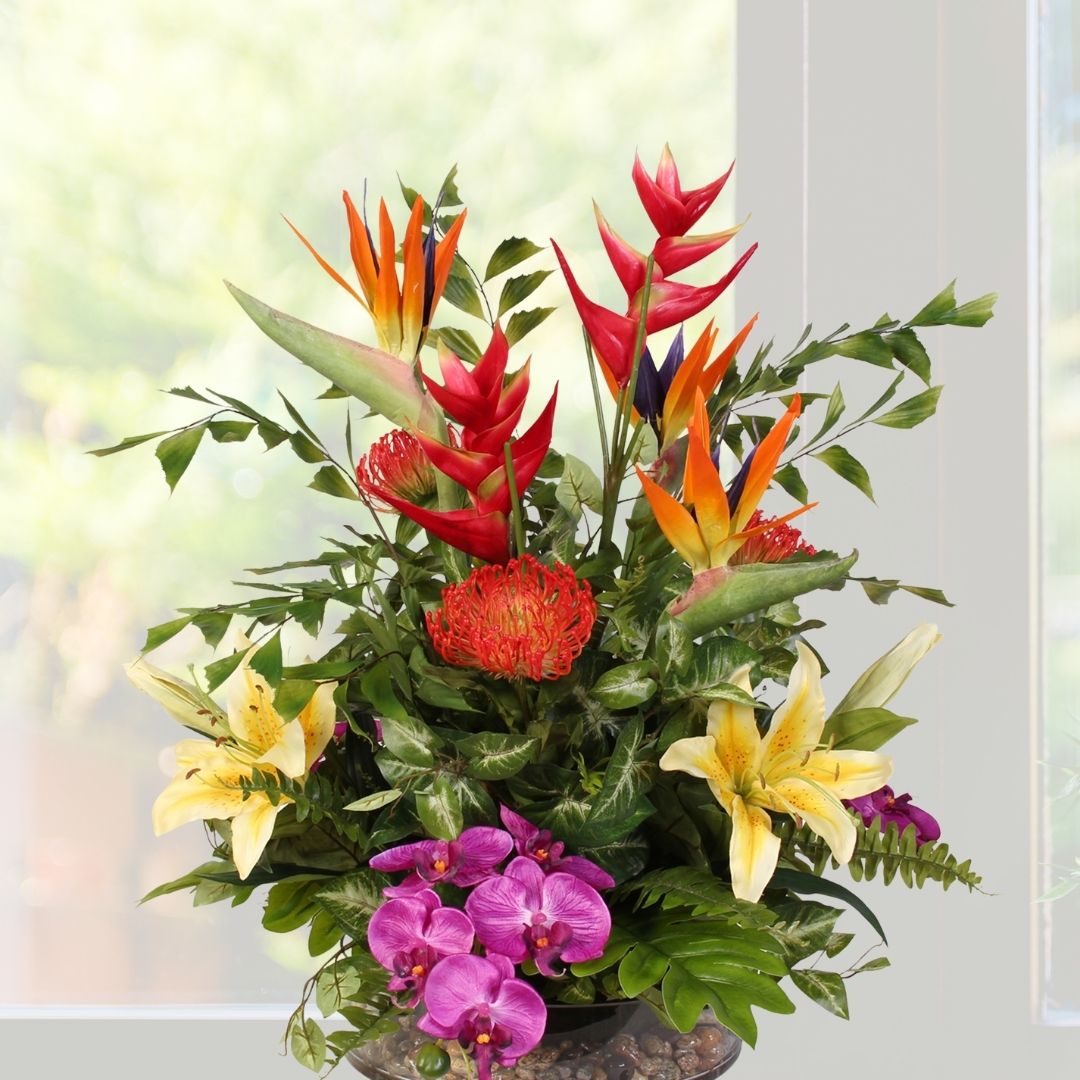 exotic design, tropical design, silk floral arrangement, silk flowers, fake flowers, home decor, office decor