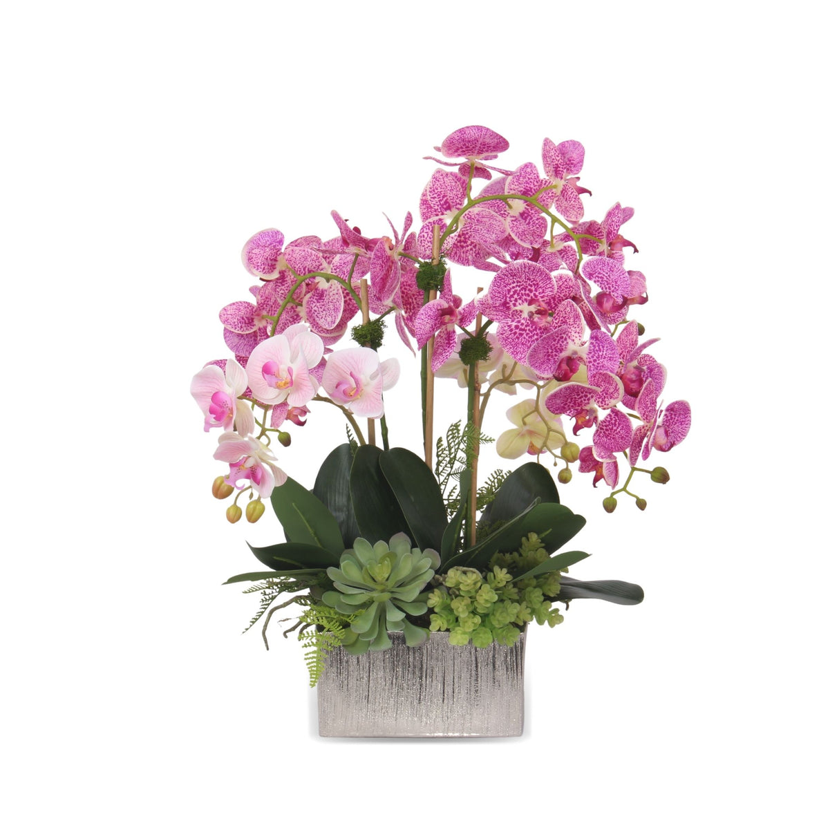 Real Touch Orchid Purple White/Pink with Fern/Succulents Arrangement in Silver Square Pot #F-153