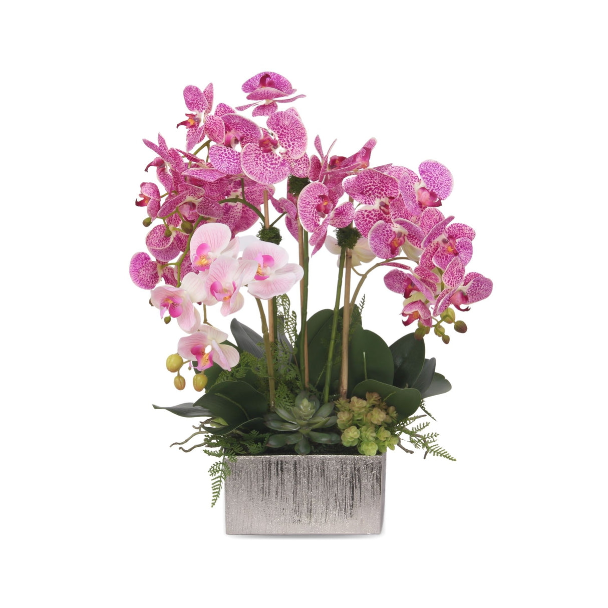 Real Touch Orchid Purple White/Pink with Fern/Succulents Arrangement in Silver Square Pot #F-153