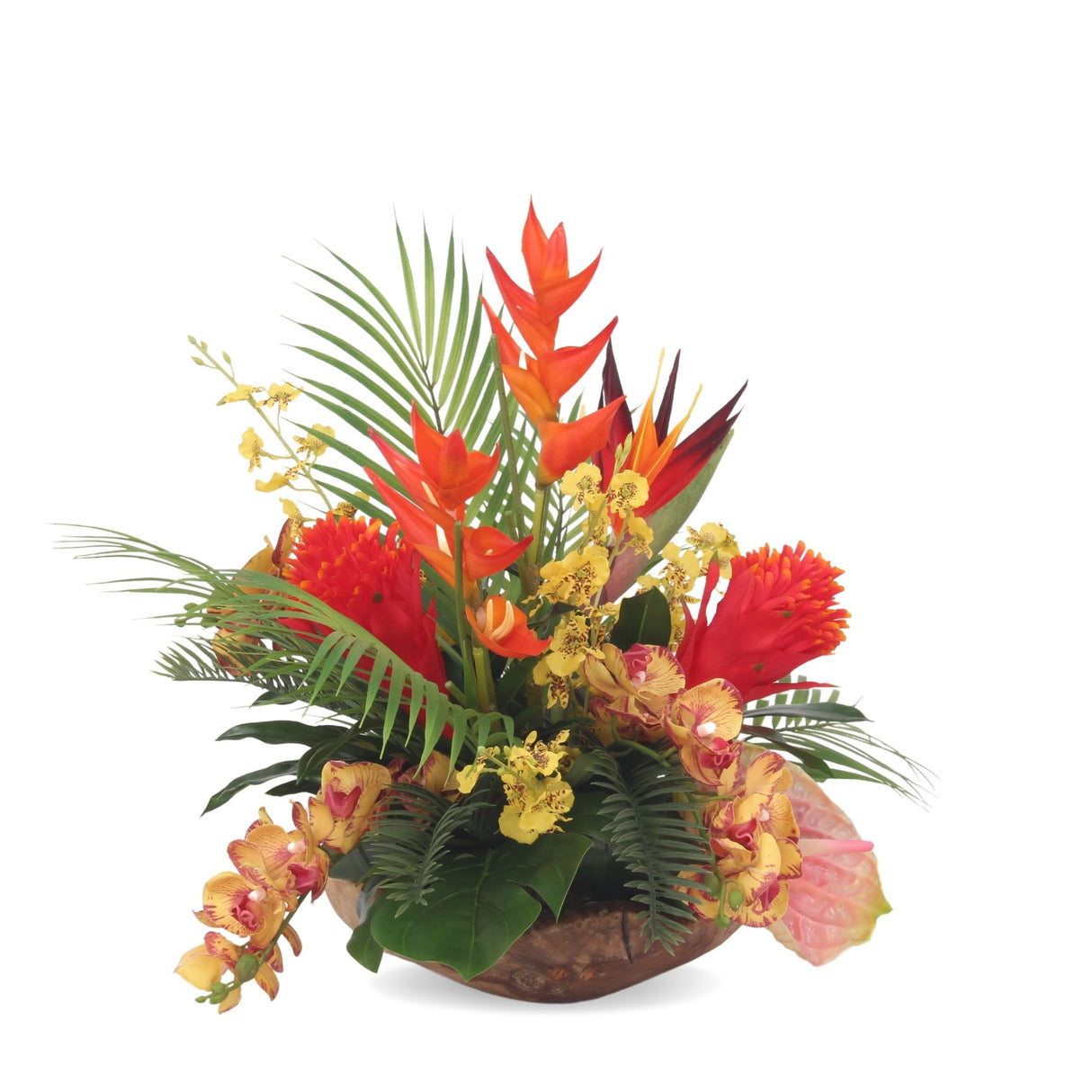 Assorted Tropical Flowers Arrangement in A Natural Character Teak Wood Bowl #F-169