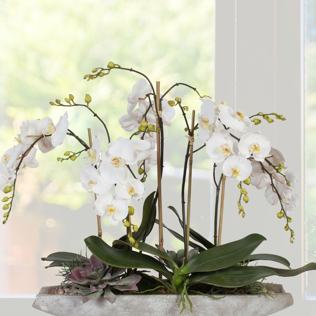 silk floral arrangement, silk flowers, real touch, orchids, home decor, contemporary design, modern design