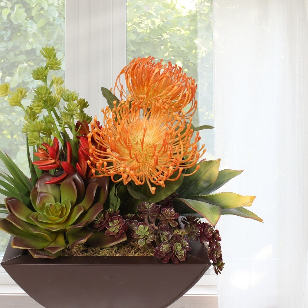 contemporary design, home decor, artificial succulent, silk florals, fake flower, pop of color