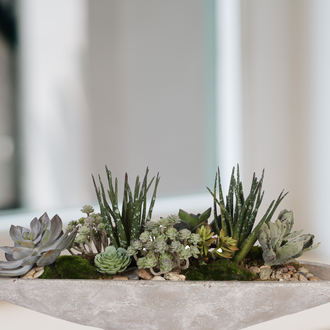 Artificial Succulents Arrangement with Natural Pebbles in Stone Boat #S-18