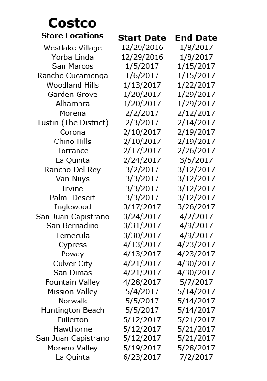 Costco Road Show 2017 Event Schedule