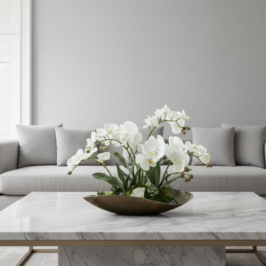 Cream White Orchids Faux Arrangement in Small Metal Tray #F-190