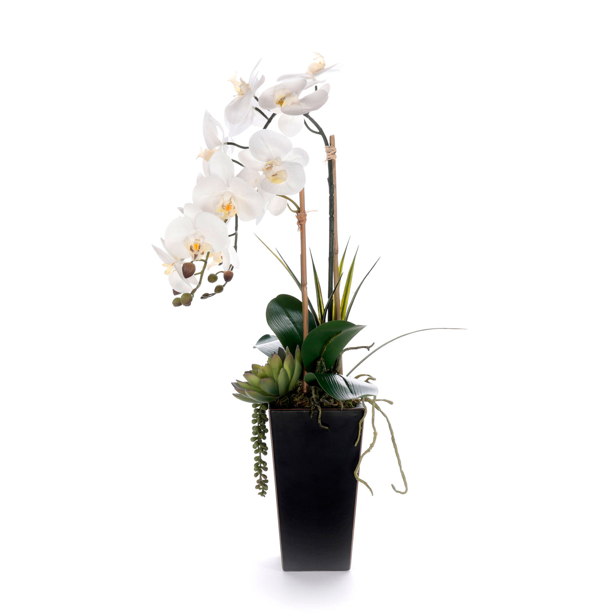 Real Touch White Orchid Flower Arrangement in Black Pot #F-239