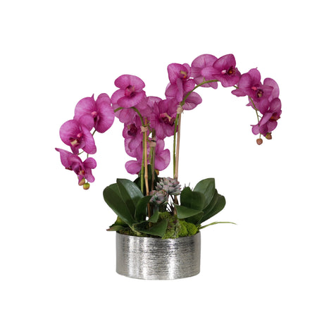 Real Touch Purple Orchid Flower Arrangement in Silver Bowl #F-243