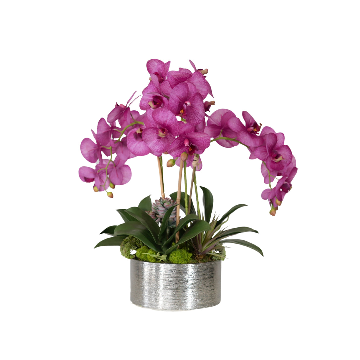 Real Touch Purple Orchid Flower Arrangement in Silver Bowl #F-243