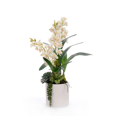 Real Touch White Cymbidium Orchid Arrangement in White Pot #F-249