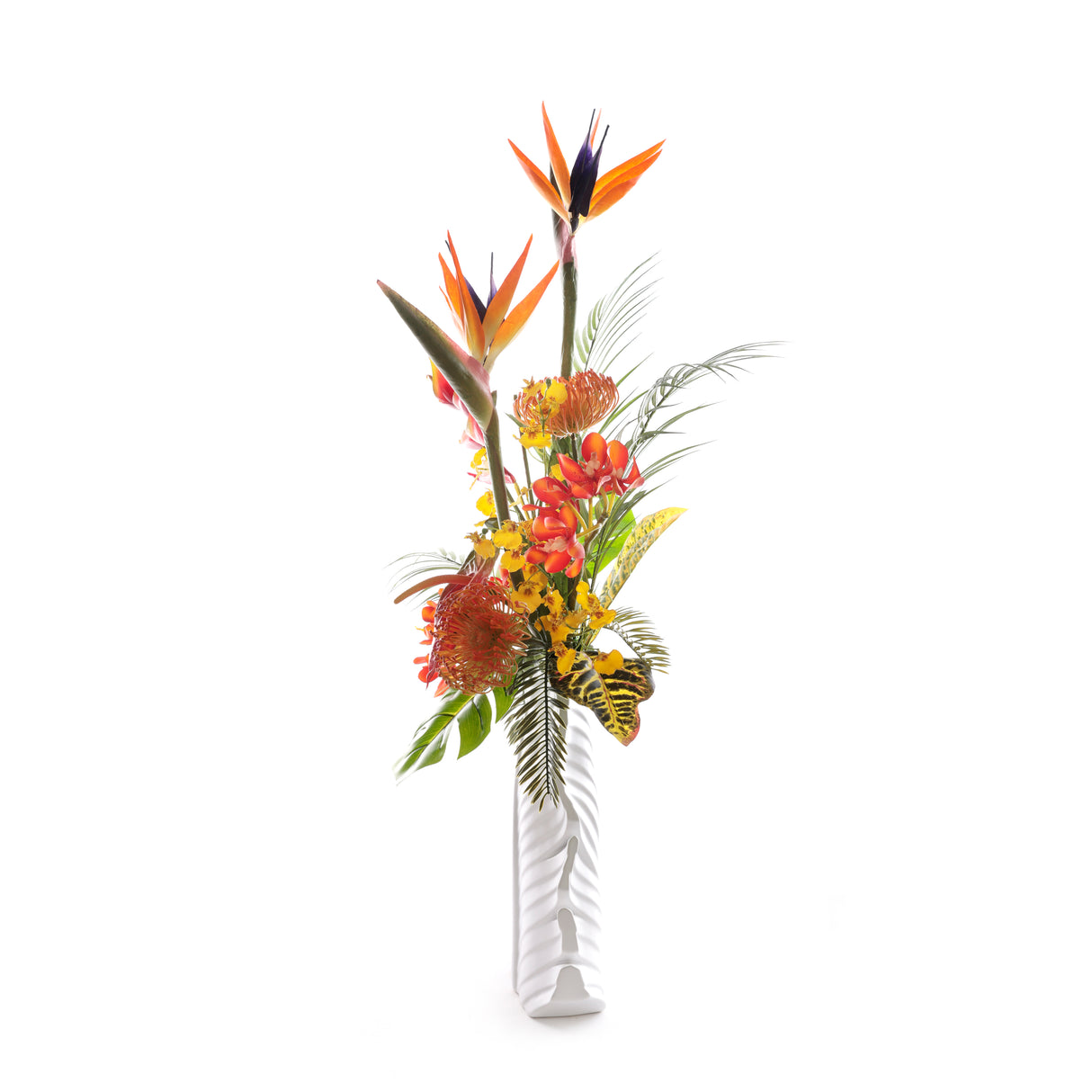 Tropical Flower Arrangement in White Leaf Vase #F-254