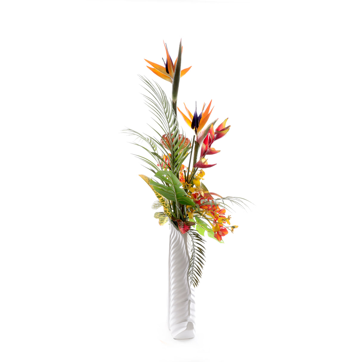 Tropical Flower Arrangement in White Leaf Vase #F-254