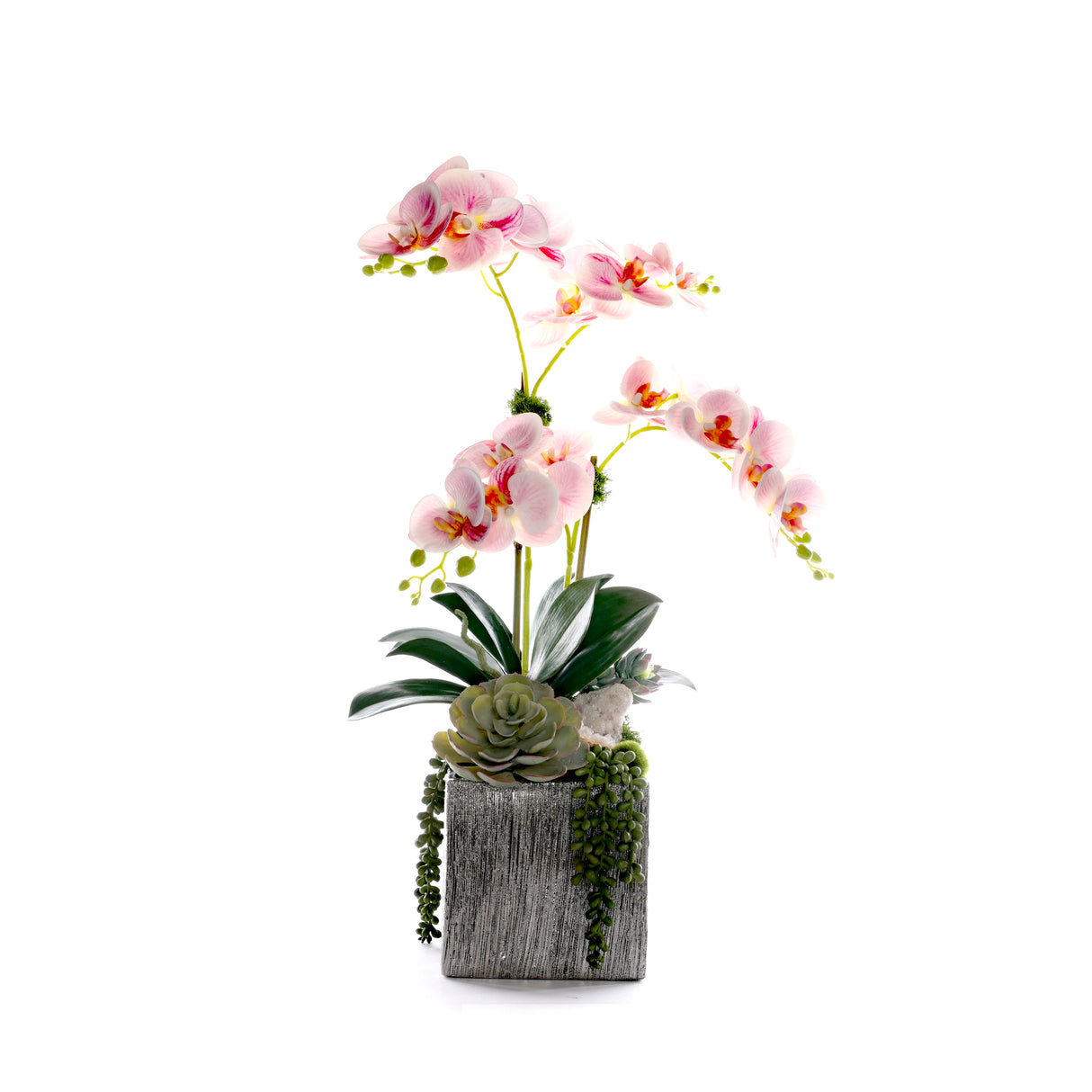 Pink Faux Orchid Flowers in Silver Square Pot #F-255