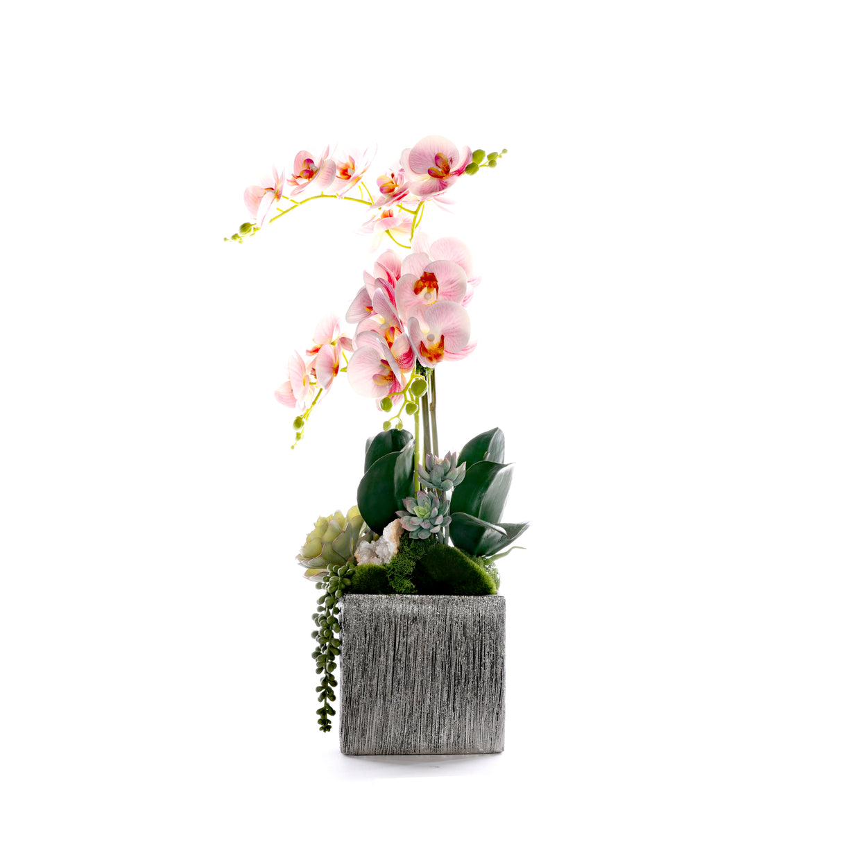 Pink Faux Orchid Flowers in Silver Square Pot #F-255