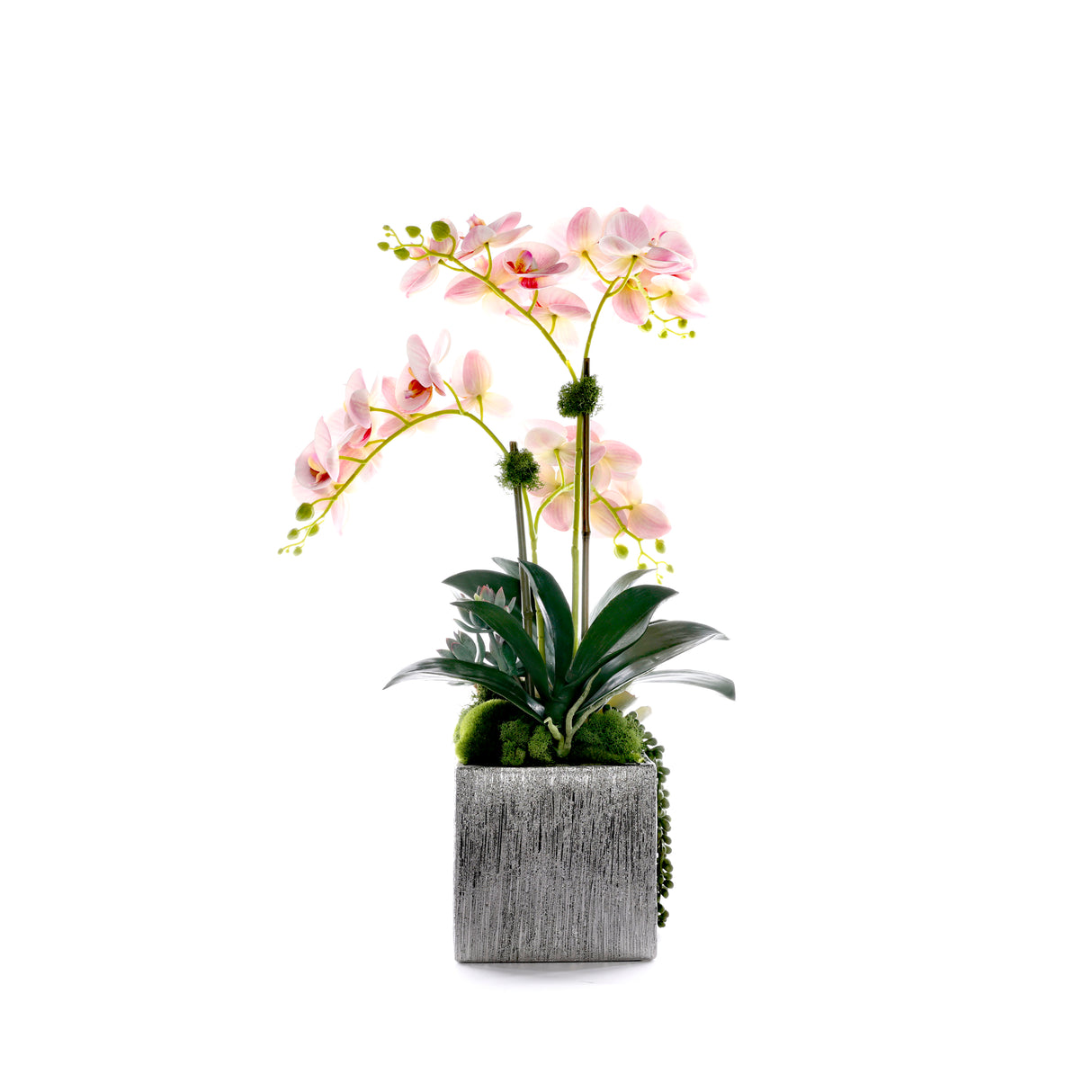 Pink Faux Orchid Flowers in Silver Square Pot #F-255