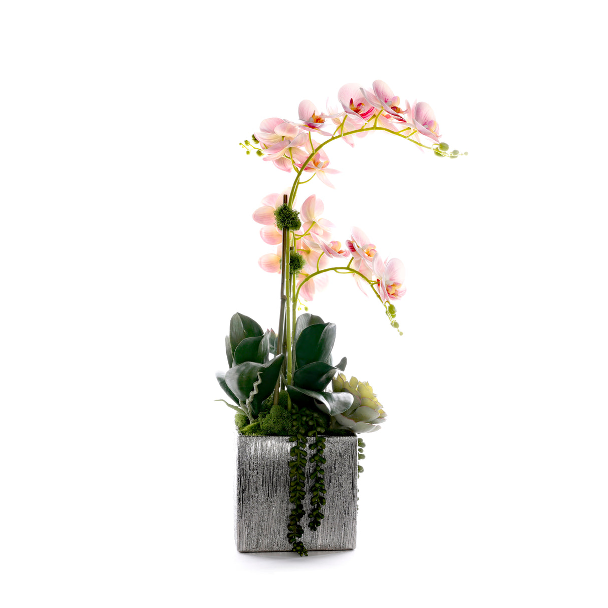 Pink Faux Orchid Flowers in Silver Square Pot #F-255