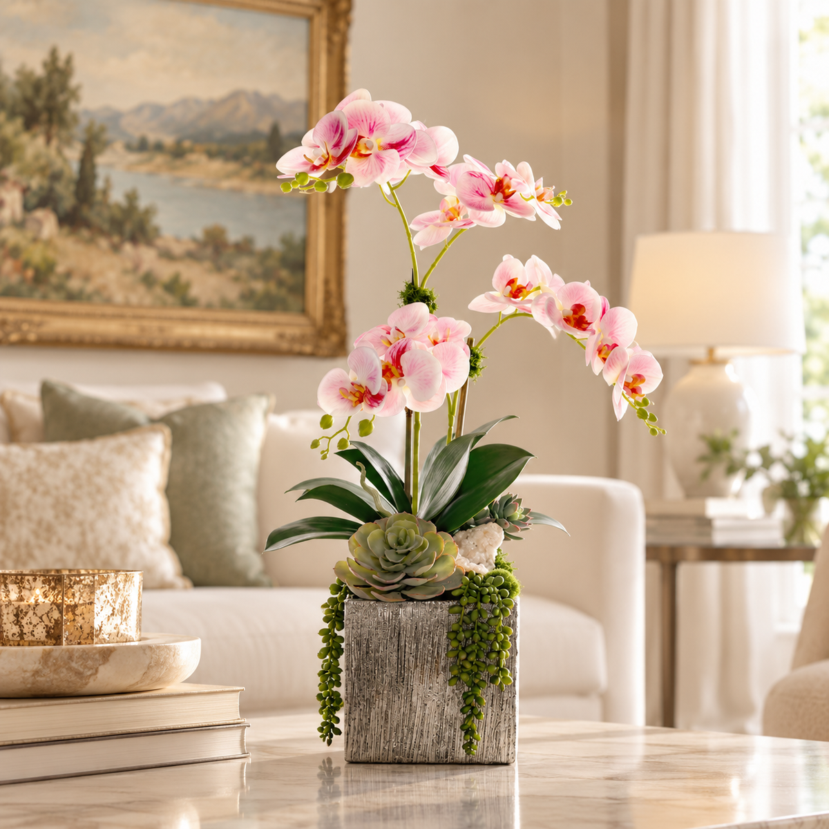 Pink Faux Orchid Flowers in Silver Square Pot #F-255